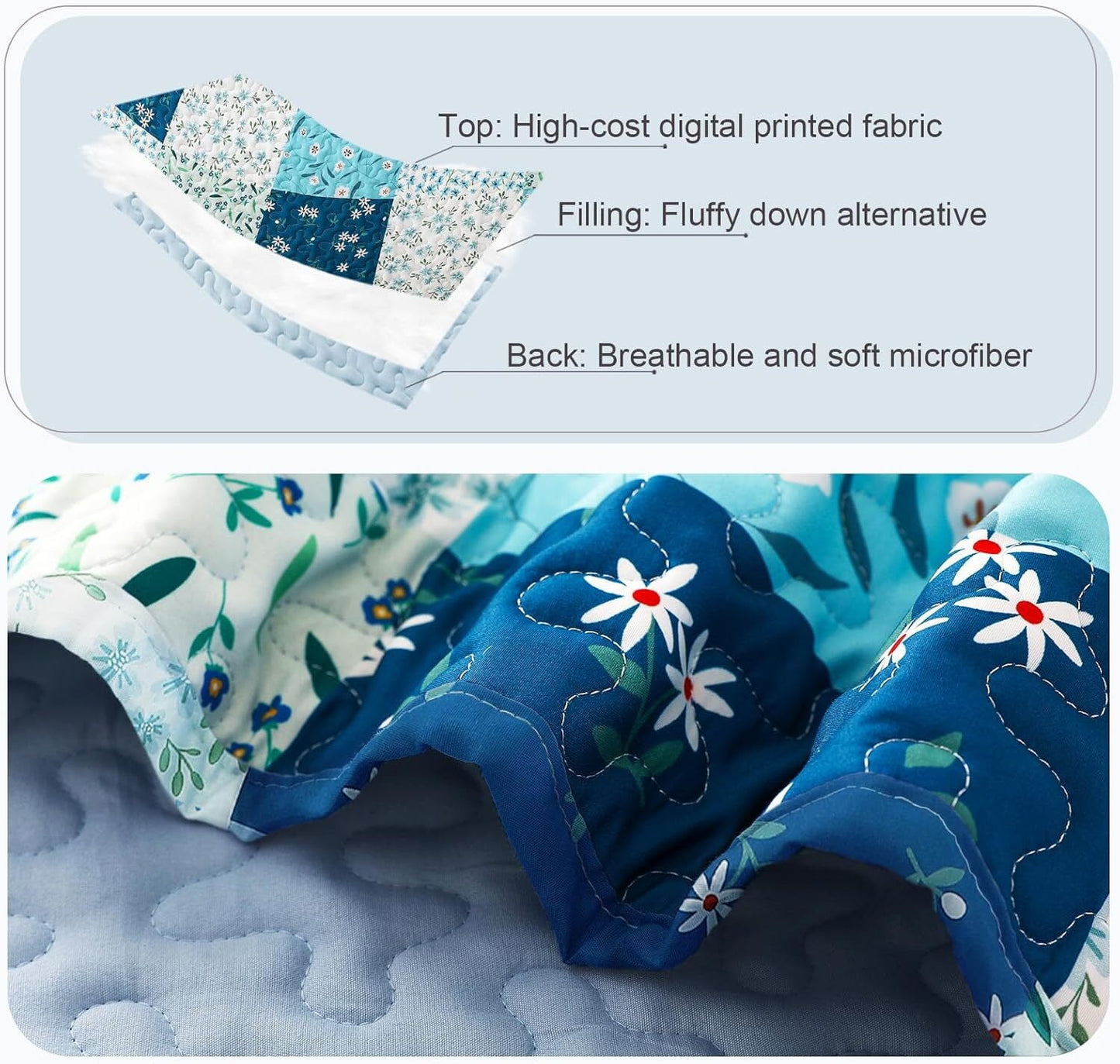 Whale Flotilla Reversible Patchwork Quilts Twin Size, Lightweight Boho Printed Bedspreads Coverlets Quilt Bedding Set with 1 Pillow Sham for All Seasons, Blue