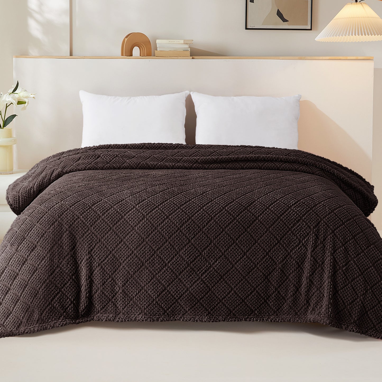 Whale Flotilla Fuzzy Fleece Twin Size Blanket for Bed, Soft Fluffy Jacquard Waffle Blankets for All Season, Lightweight and Warm, 60x80 Inch, Coffee
