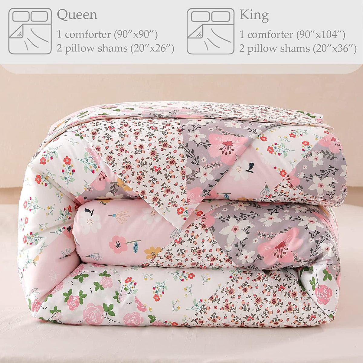 Whale Flotilla 3-Piece Queen Comforter Set, Soft Reversible Bedding Comforter Sets, Patchwork Printed Down Alternative Comforter Duvet for All Seasons, Pink