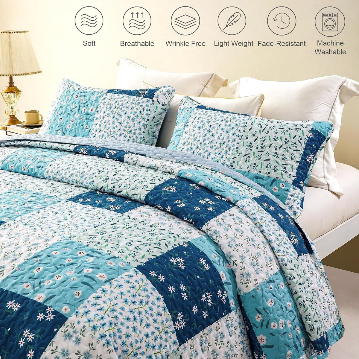 Whale Flotilla Reversible Patchwork Quilt Set California King Size, Lightweight Boho Printed Bedspreads Coverlets Quilts Bedding Set with 2 Pillow Shams for All Seasons, Blue