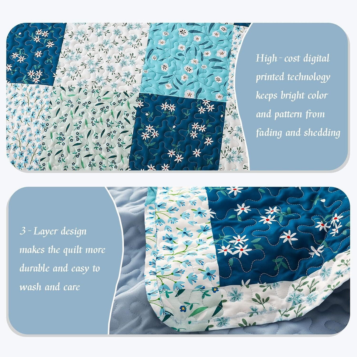 Whale Flotilla Reversible Patchwork Quilts Twin Size, Lightweight Boho Printed Bedspreads Coverlets Quilt Bedding Set with 1 Pillow Sham for All Seasons, Blue