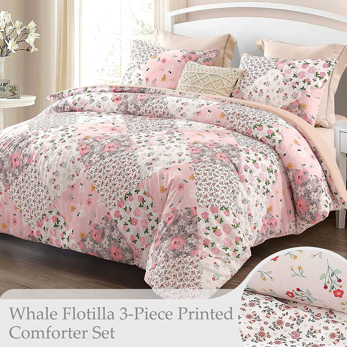 Whale Flotilla 3-Piece Queen Comforter Set, Soft Reversible Bedding Comforter Sets, Patchwork Printed Down Alternative Comforter Duvet for All Seasons, Pink