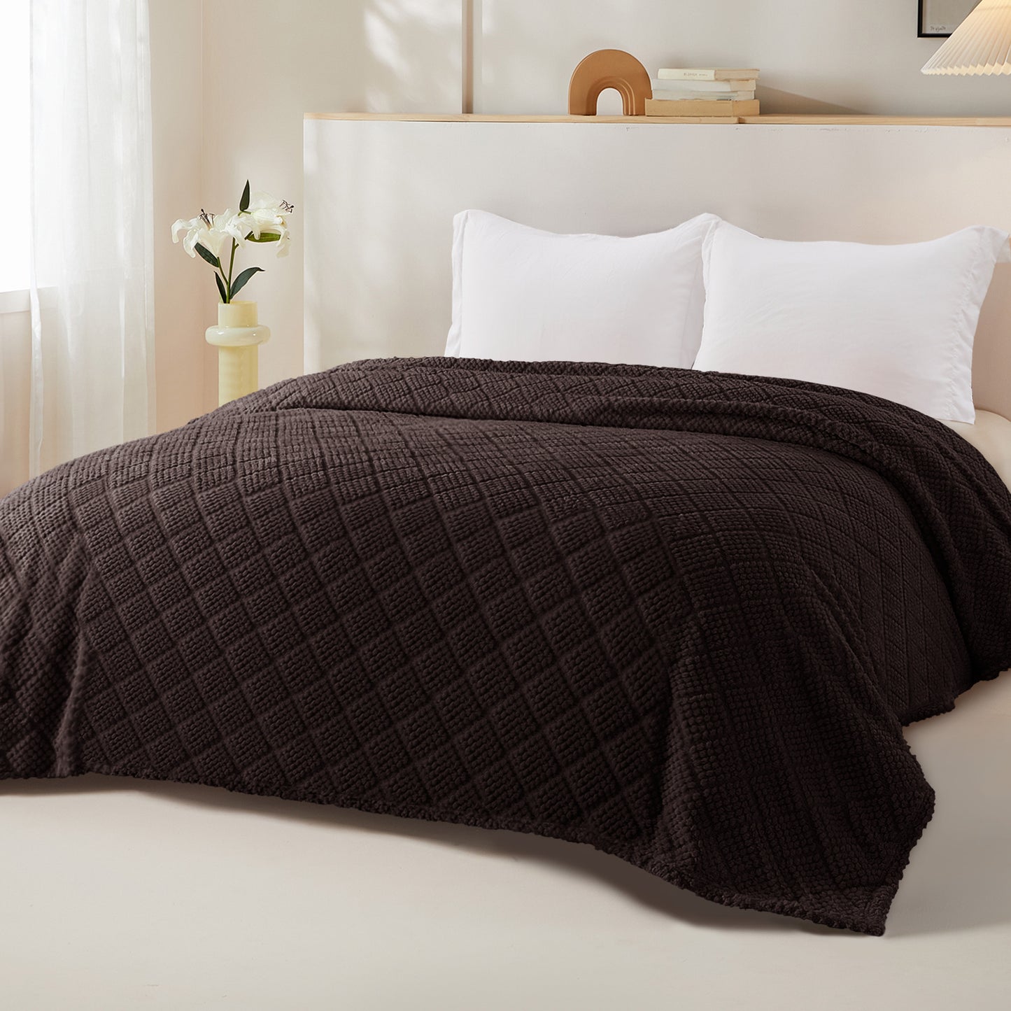 Whale Flotilla Fuzzy Fleece Twin Size Blanket for Bed, Soft Fluffy Jacquard Waffle Blankets for All Season, Lightweight and Warm, 60x80 Inch, Coffee