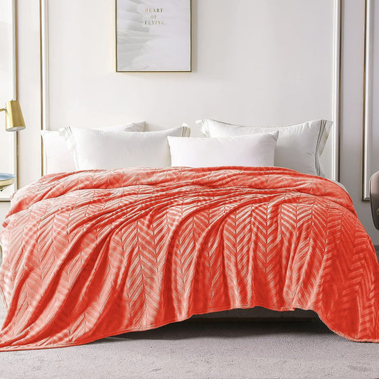 Whale Flotilla Flannel Fleece Twin Size Bed Blanket, Soft Velvet Lightweight Bedspread Plush Fluffy Coverlet Chevron Design Decorative Blanket for All Season, 60x80 Inch, Coral