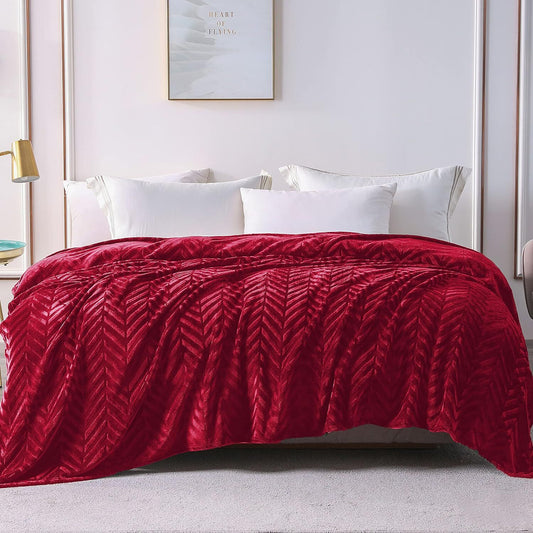 Whale Flotilla Flannel Fleece Twin Size Bed Blanket, Soft Velvet Lightweight Bedspread Plush Fluffy Coverlet Chevron Design Decorative Blanket for All Season, 60x80 Inch, Red