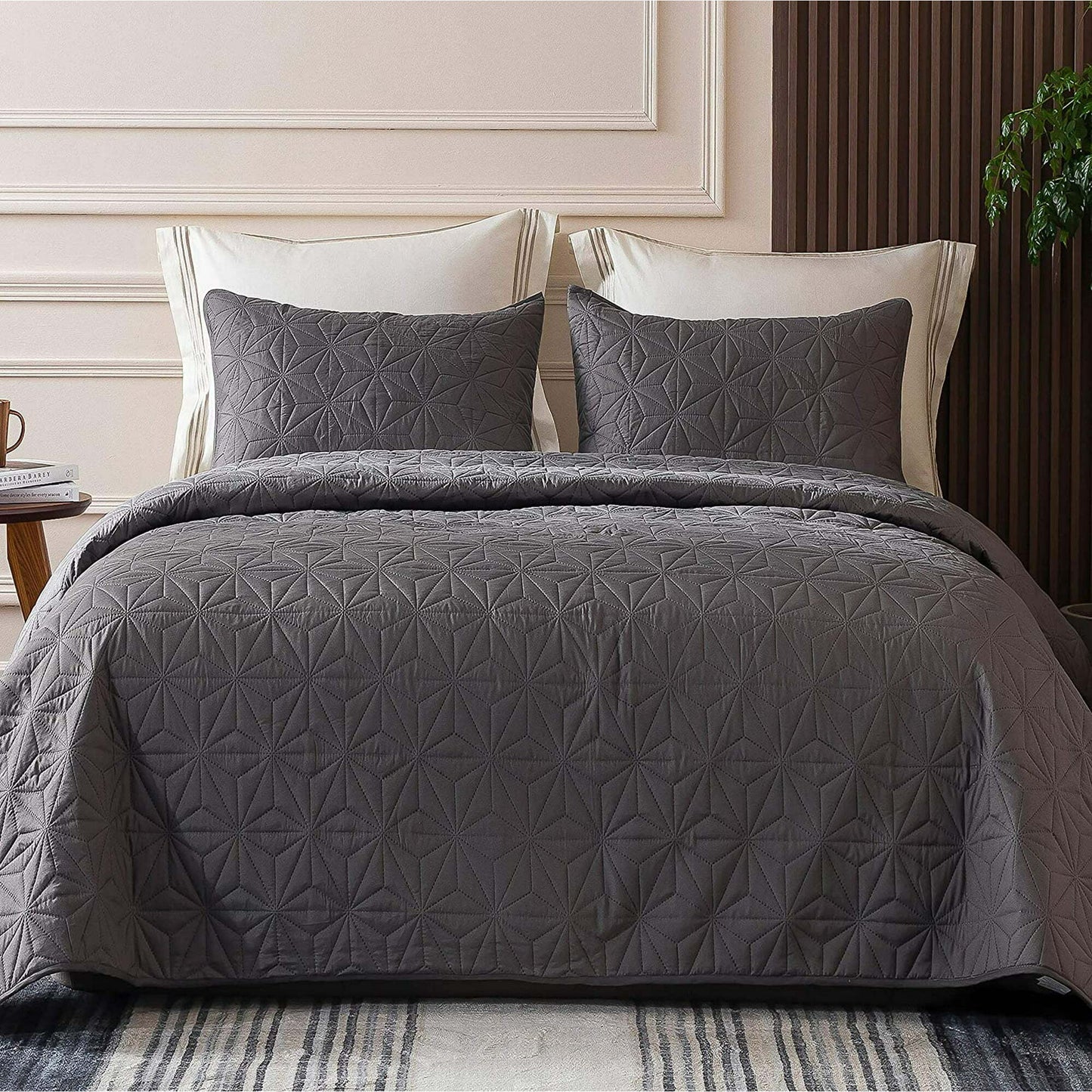 Whale Flotilla Microfiber Queen Size (96x90 inches) Quilt Set Lightweight Quilted Bedspreads Coverlets Set with Stars Pattern, Grey, 3 Piece (1 Quilt, 2 Shams)