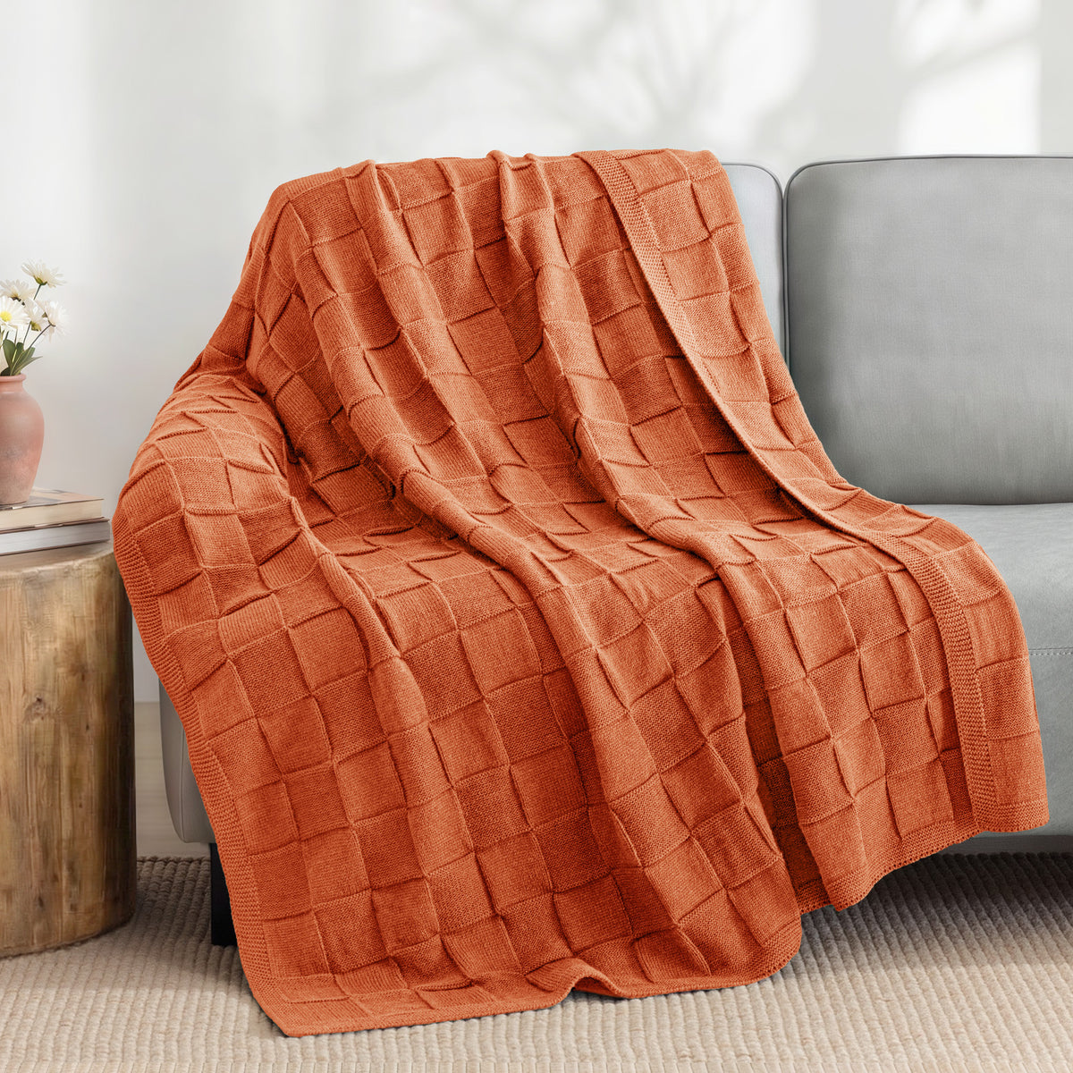 Whale Flotilla Knit Throw Blanket for Couch, Soft Fuzzy Decorative Knitted Blanket for Sofa Bed, Lightweight Cozy Warm Throws, 50x60 Inch, Burnt Orange
