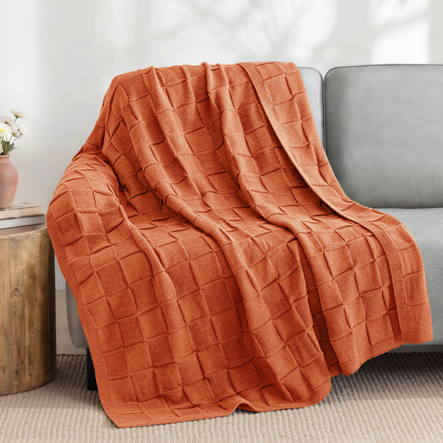 Whale Flotilla Knit Throw Blanket for Couch, Soft Fuzzy Decorative Knitted Blanket for Sofa Bed, Lightweight Cozy Warm Throws, 60x80 Inch, Burnt Orange