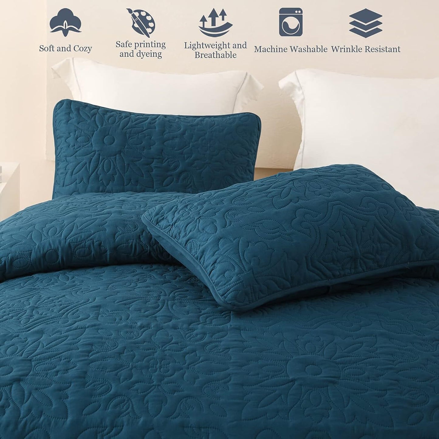 Whale Flotilla 2-Piece Twin Quilt Set, Soft Embossed Bedding Set, Lightweight Bedspread Coverlet with Damask Vintage Pattern, Reversible Bed Cover for All Seasons, Bone