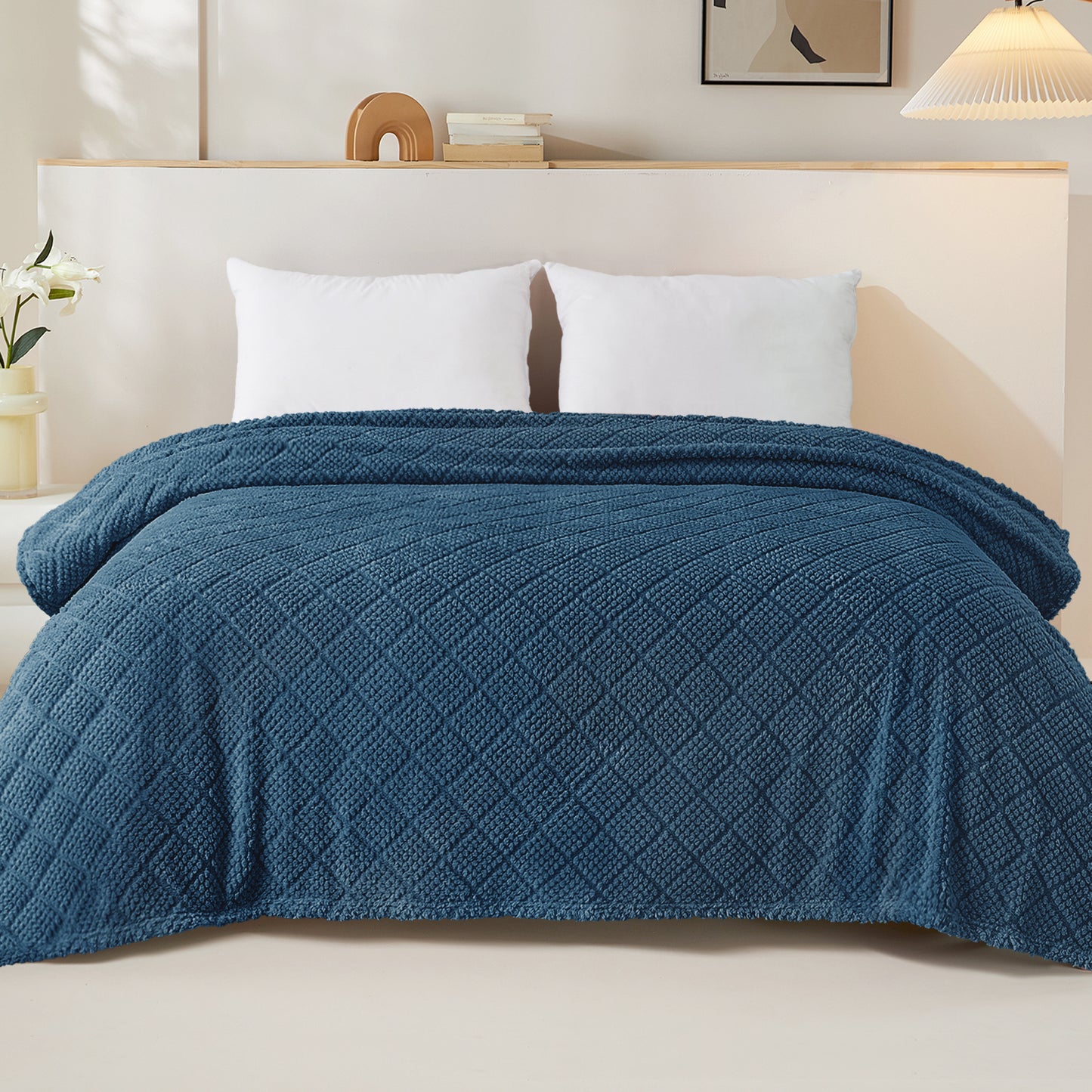 Whale Flotilla Fuzzy Fleece Twin Size Blanket for Bed, Soft Fluffy Jacquard Waffle Blankets for All Season, Lightweight and Warm, 60x80 Inch, Navy Blue