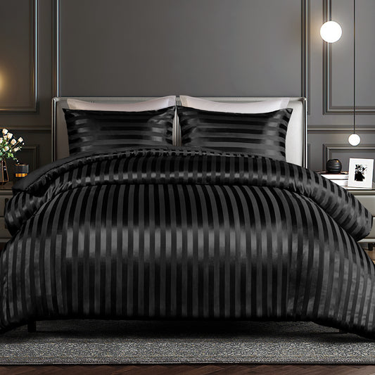 Whale Flotilla 2-Piece Reversible Silky Soft Twin Size Comforter Set, Luxury Stripe Satin Comforter Bedding Set with Satin Pillowcase, Lightweight Duvet for All Seasons, Black