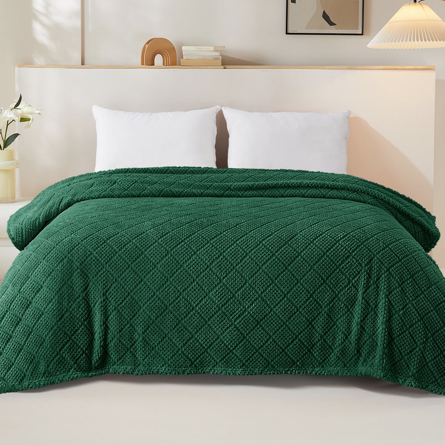 Whale Flotilla Fuzzy Fleece Twin Size Blanket for Bed, Soft Fluffy Jacquard Waffle Blankets for All Season, Lightweight and Warm, 60x80 Inch, Emerald Green