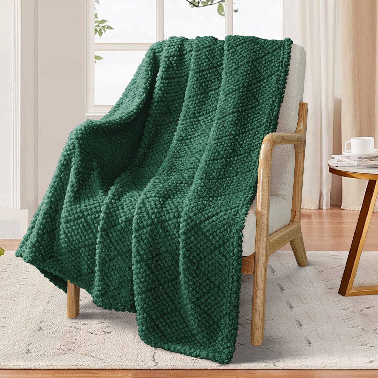 Whale Flotilla Fuzzy Fleece Throw Blanket for Couch, Bed, Soft Fluffy Jacquard Waffle Blankets for All Season, Lightweight and Warm, 50x60 Inch, Emerald Green