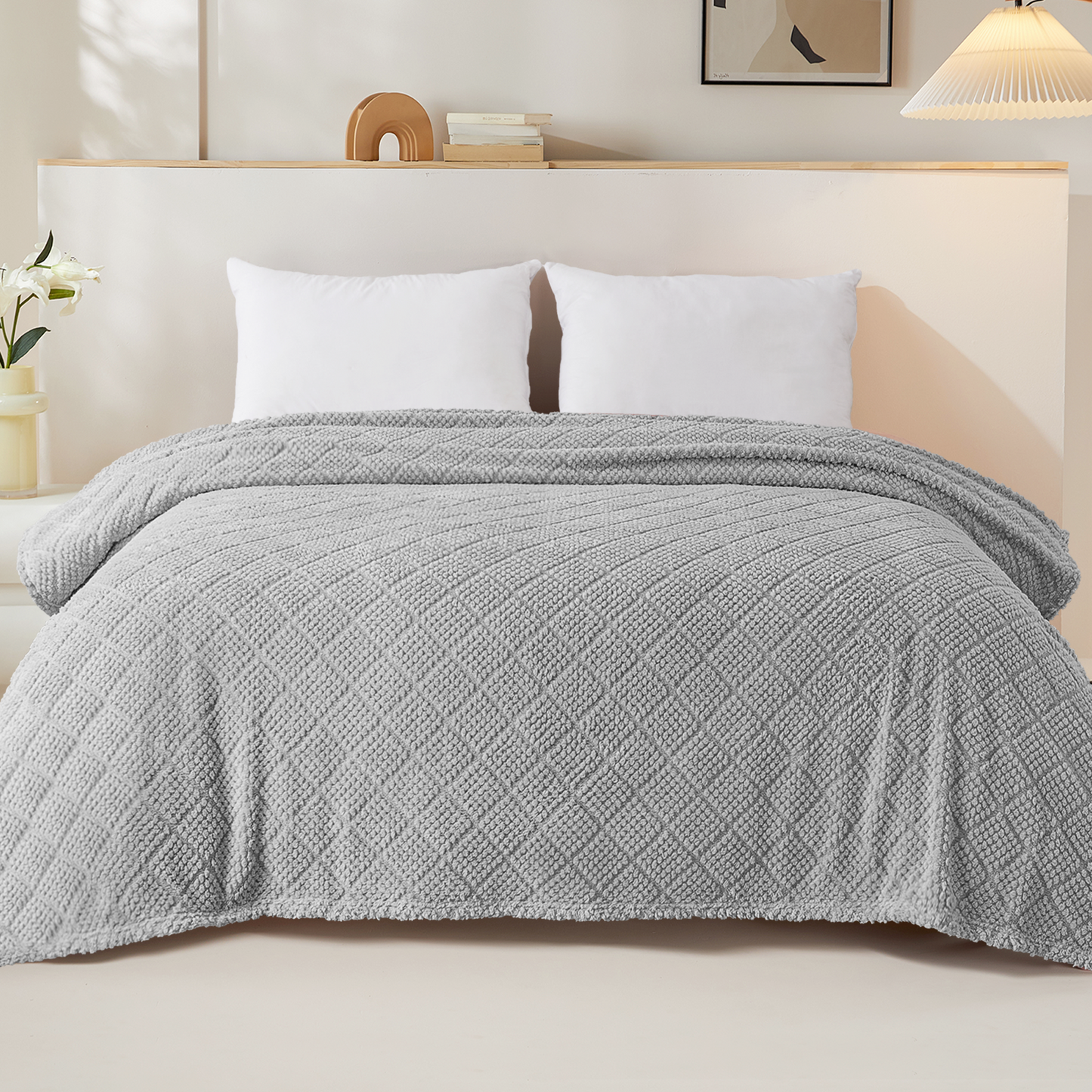 Whale Flotilla Fuzzy Fleece Twin Size Blanket for Bed, Soft Fluffy Jacquard Waffle Blankets for All Season, Lightweight and Warm, 60x80 Inch, Light Grey