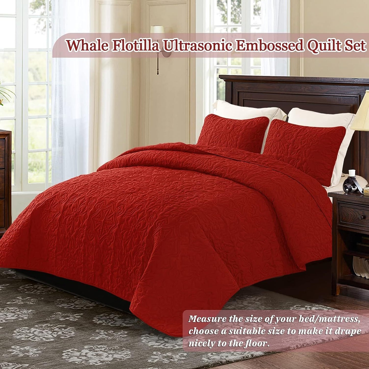 Whale Flotilla 2-Piece Twin Quilt Set, Soft Embossed Bedding Set, Lightweight Bedspread Coverlet with Damask Vintage Pattern, Reversible Bed Cover for All Seasons, Red