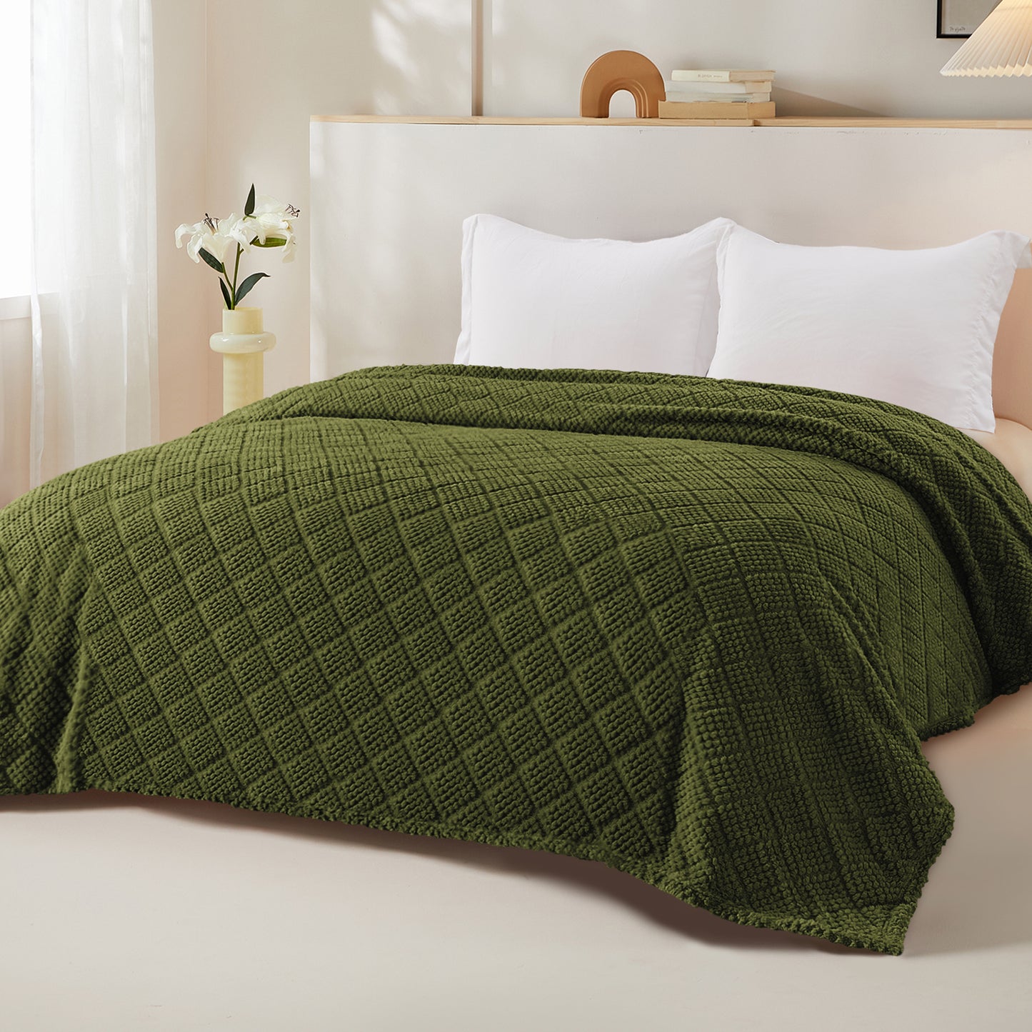 Whale Flotilla Fuzzy Fleece Twin Size Blanket for Bed, Soft Fluffy Jacquard Waffle Blankets for All Season, Lightweight and Warm, 60x80 Inch, Olive