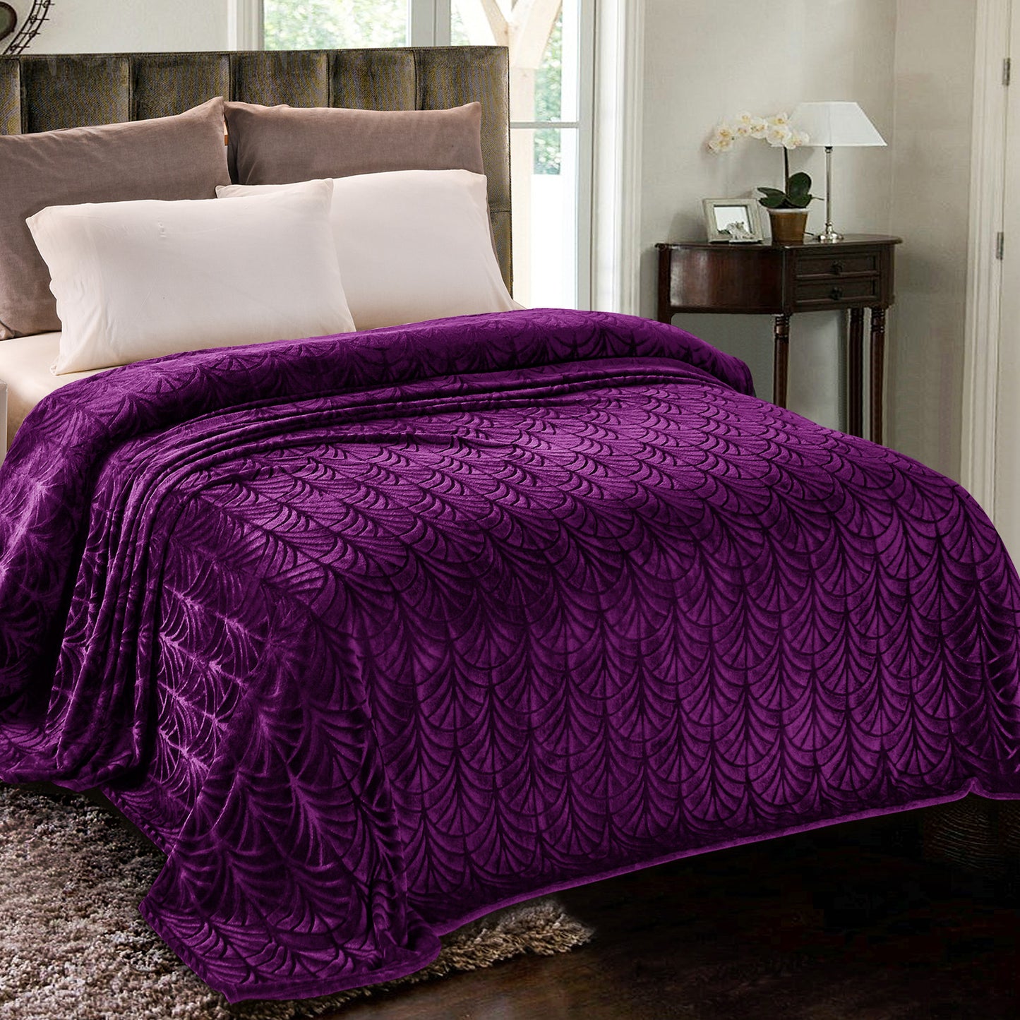 Whale Flotilla Flannel Fleece Queen Size(90x90 Inch) Lightweight Bed Blanket, Soft Velvet Bedspread Plush Fluffy Coverlet Palm Leaf Design Decorative Blanket for All Seasons, Purple
