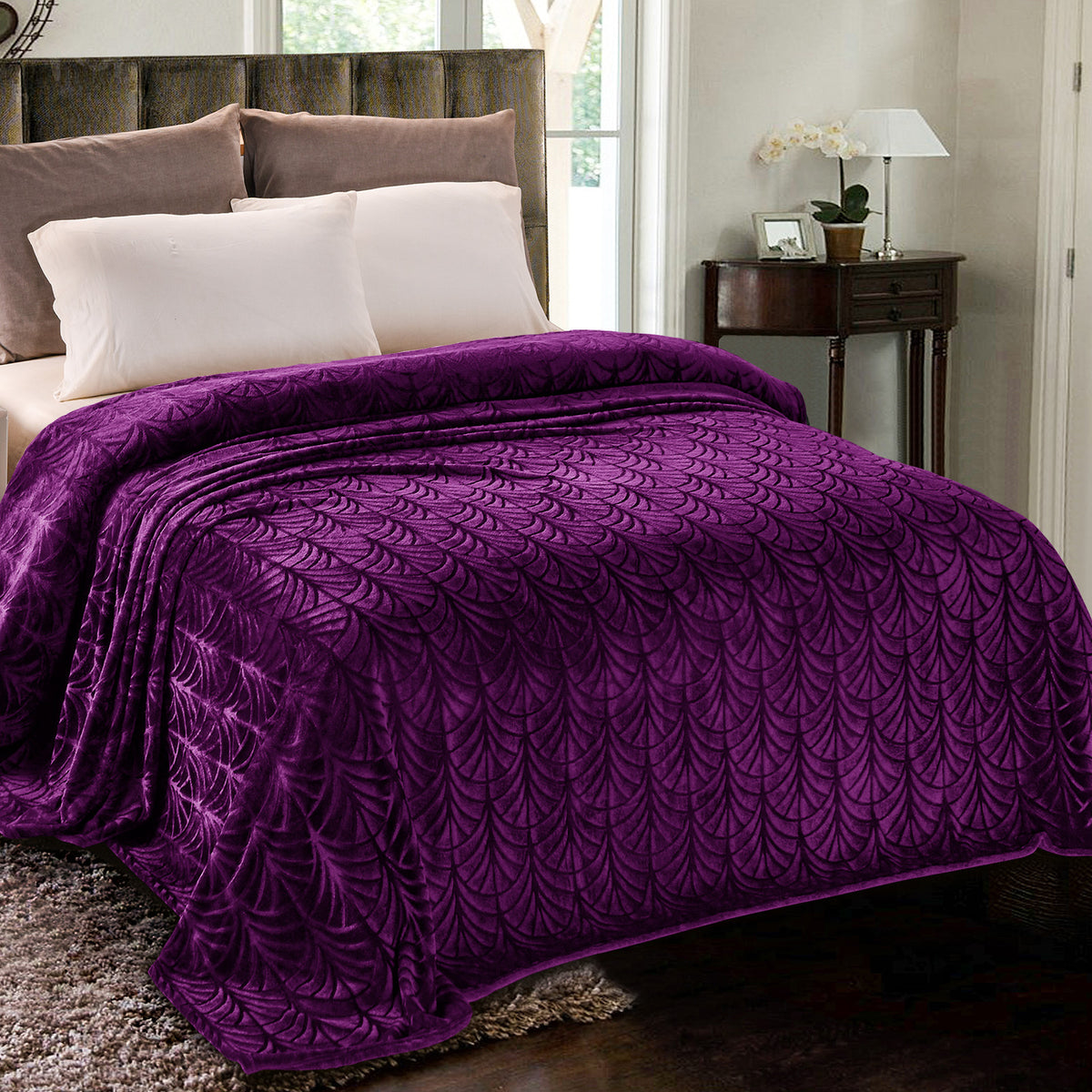 Whale Flotilla Flannel Fleece King Size(90x104 Inch) Lightweight Bed Blanket, Soft Velvet Bedspread Plush Fluffy Coverlet Palm Leaf Design Decorative Blanket for All Seasons, Purple