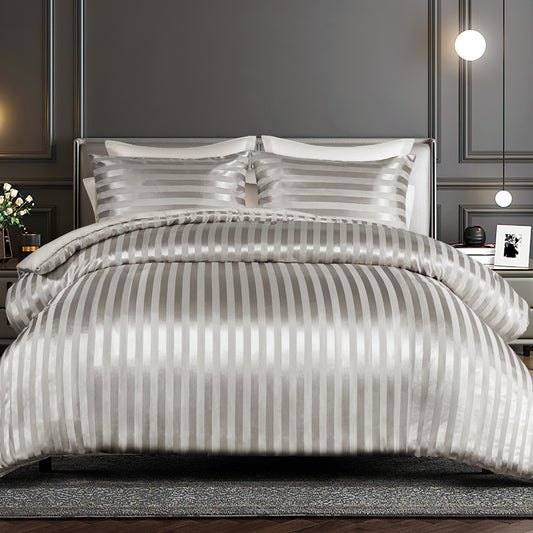 Whale Flotilla 2-Piece Reversible Silky Soft Twin Size Comforter Set, Luxury Stripe Satin Comforter Bedding Set with Satin Pillowcase, Lightweight Duvet for All Seasons, Grey