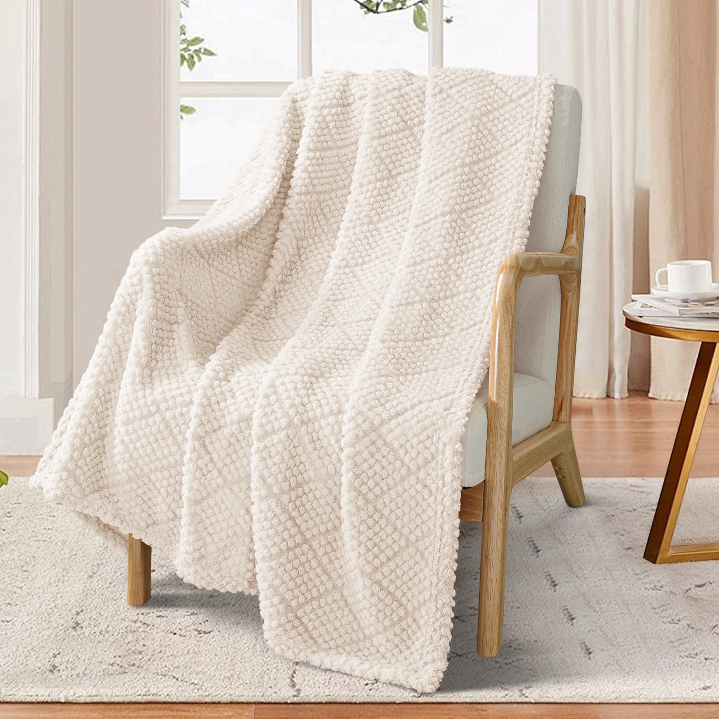 Whale Flotilla Fuzzy Fleece Throw Blanket for Couch, Bed, Soft Fluffy Jacquard Waffle Blankets for All Season, Lightweight and Warm, 50x60 Inch, Ivory