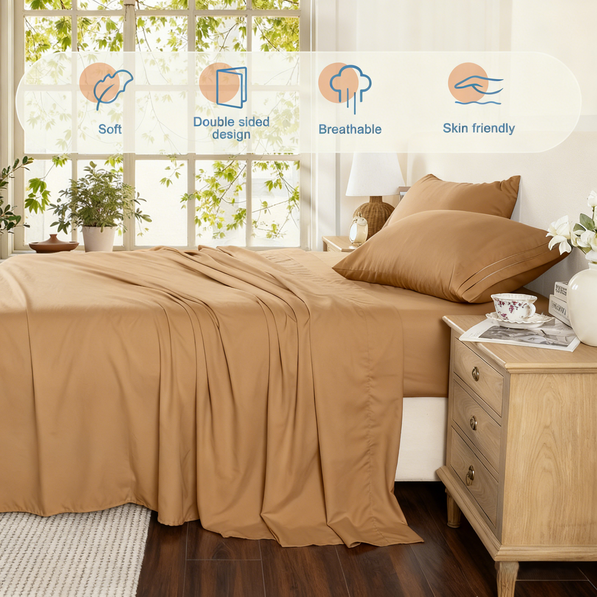 Whale Flotilla Queen Bed Sheet Set 3 Piece, Luxury Soft Microfiber Bedding, Camel Queen Size Sheets with Pillowcases, Breathable Wrinkle-Free Bed Linens for Bedroom