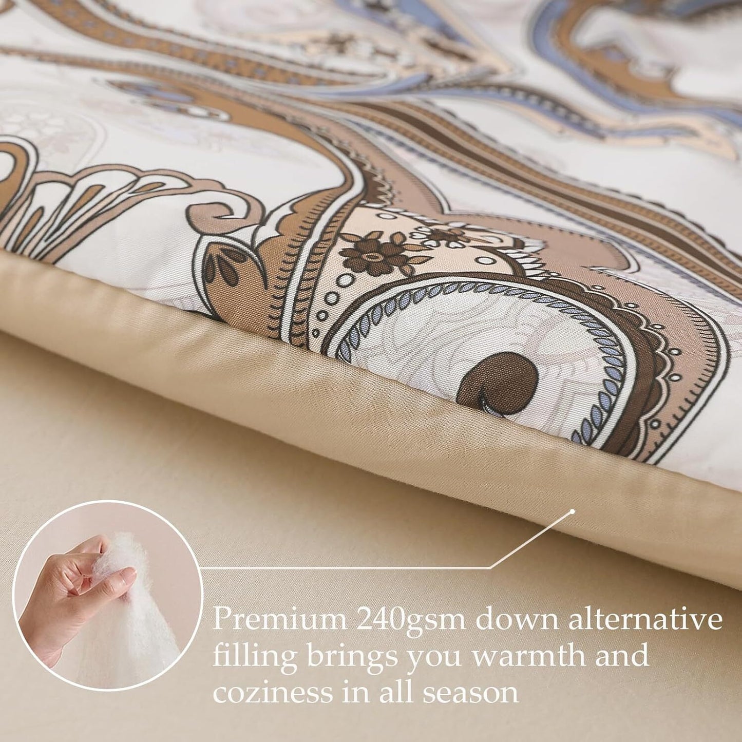 Whale Flotilla King Comforter Set, Soft Reversible Beige Bedding Comforter Set with Pailsey Pattern, 1 Micoriber Printed Comforter and 2 Pillow Shams, 3 Pieces