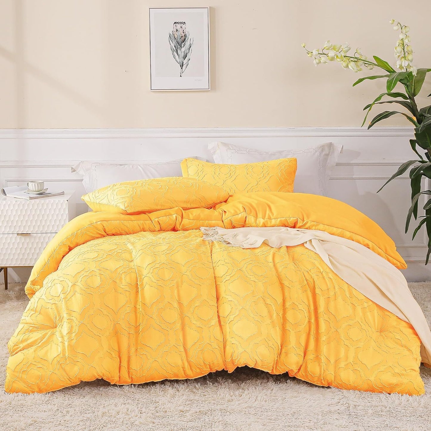 Whale Flotilla 2-Piece Tufted Twin Comforter Set, Soft Fluffy Shabby Chic Comforter for All Seasons, Farmhouse Boho Duvet Bedding Sets with 1 Pillow Sham, 68"x90", Yellow
