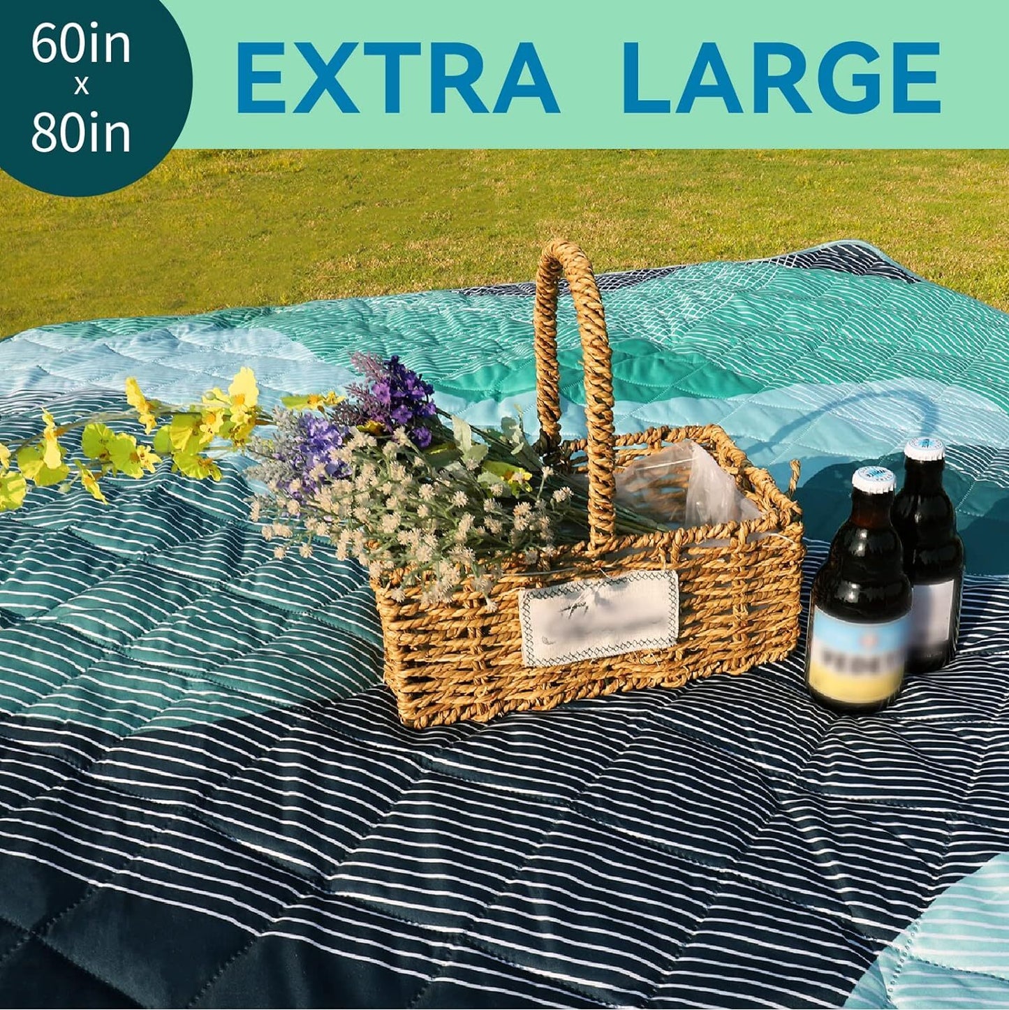 Whale Flotilla Extra Large Outdoor Picnic Blanket (60''x80''), Waterproof Durable Beach Blanket, Foldable Handy Mat Tote Spring Summer Great for Camping and Park, Green