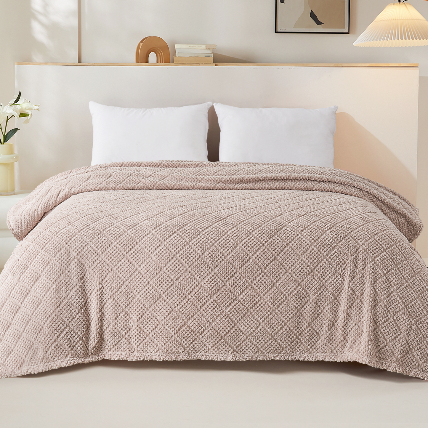 Whale Flotilla Fuzzy Fleece Twin Size Blanket for Bed, Soft Fluffy Jacquard Waffle Blankets for All Season, Lightweight and Warm, 60x80 Inch, Camel