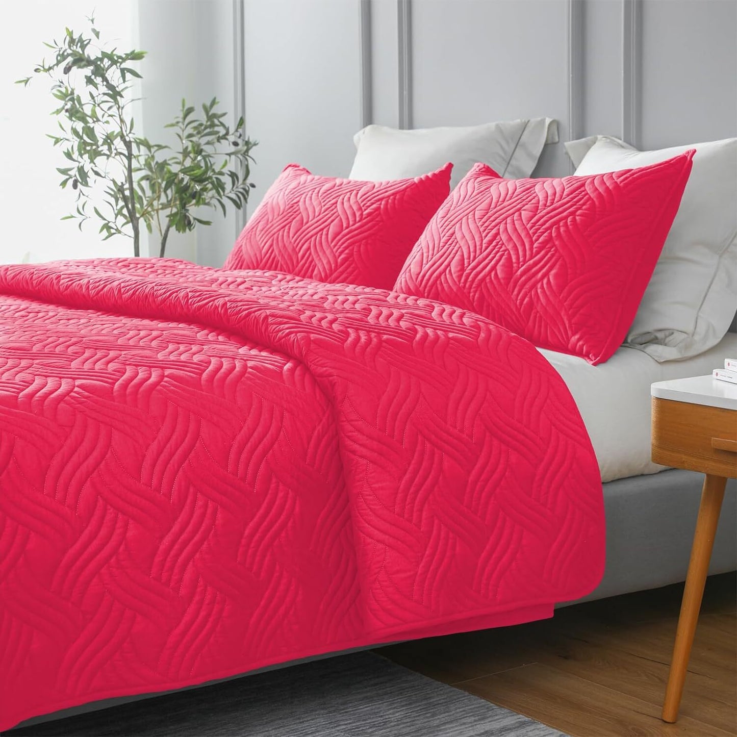 Whale Flotilla Quilt Set Twin Size, Soft Microfiber Lightweight Bedspread Coverlet Bed Cover (Wave Pattern) for All Seasons♀?Hot Pink, 2 Pieces (Includes 1 Quilt,1 Sham)