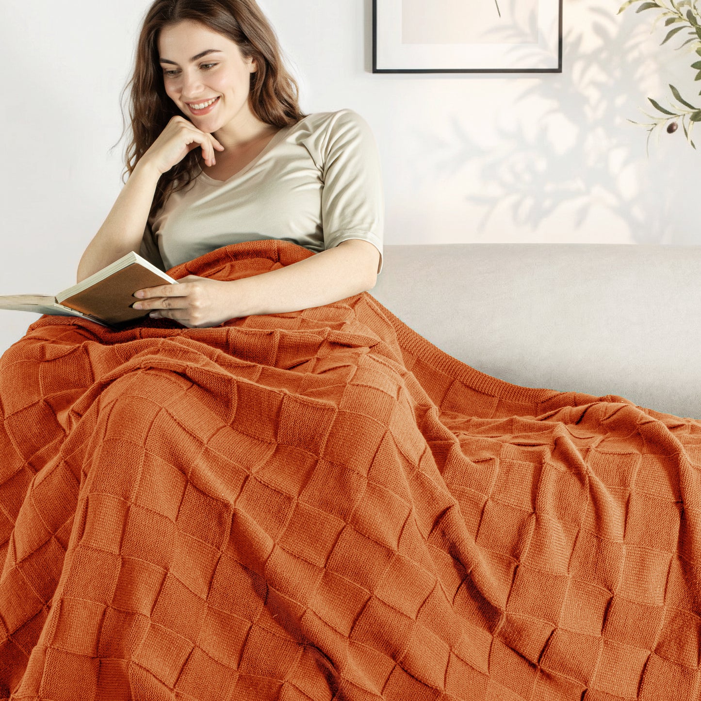 Whale Flotilla Knit Throw Blanket for Couch, Soft Fuzzy Decorative Knitted Blanket for Sofa Bed, Lightweight Cozy Warm Throws, 50x60 Inch, Burnt Orange