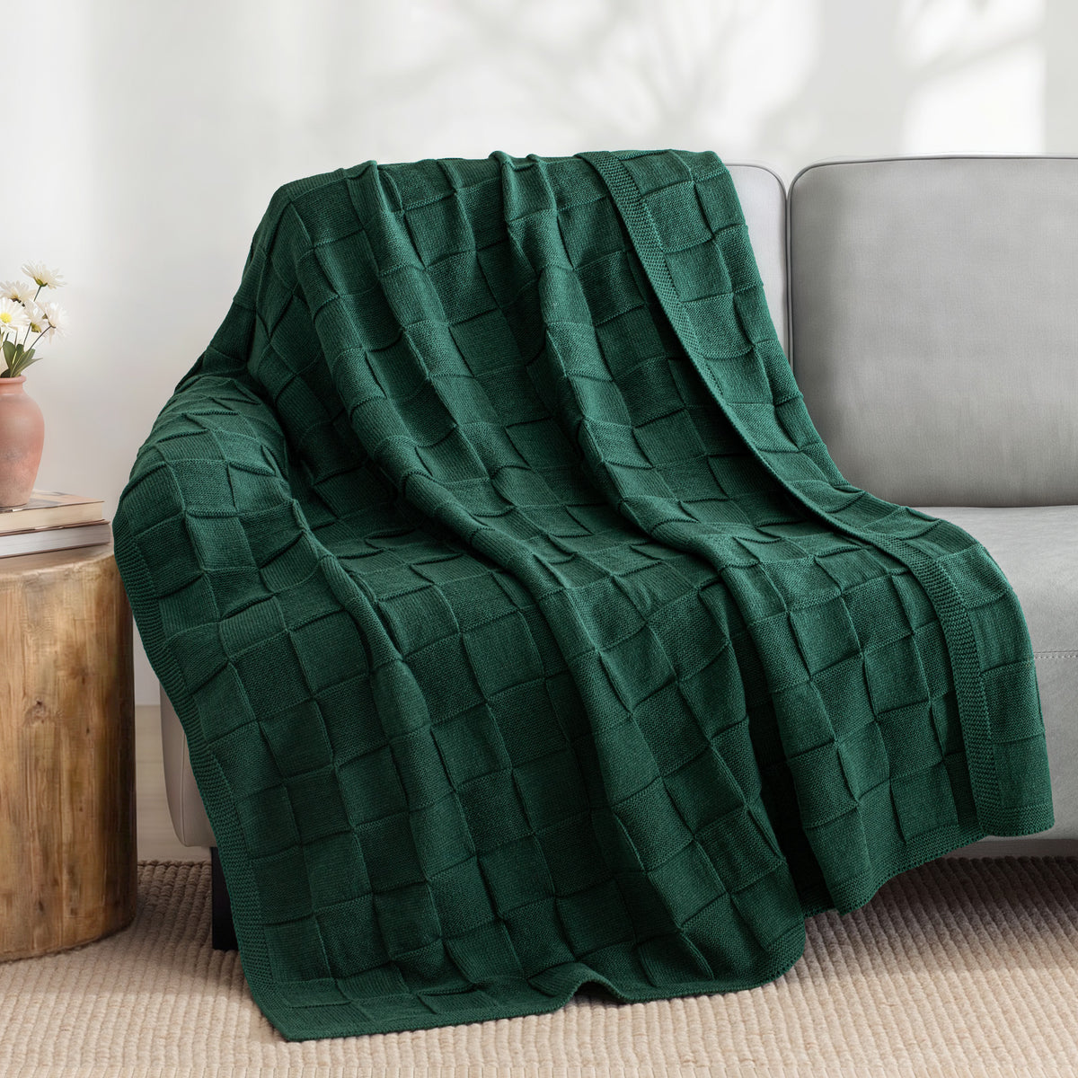Whale Flotilla Knit Throw Blanket for Couch, Soft Fuzzy Decorative Knitted Blanket for Sofa Bed, Lightweight Cozy Warm Throws, 60x80 Inch, Dark Green