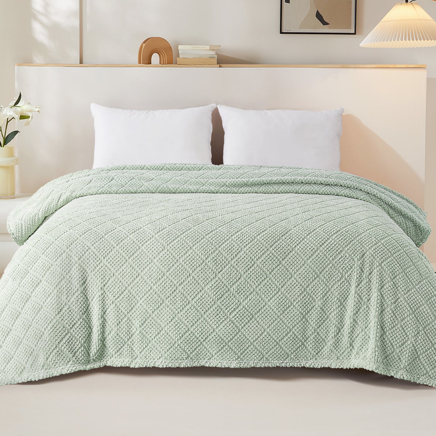 Whale Flotilla Fuzzy Fleece Twin Size Blanket for Bed, Soft Fluffy Jacquard Waffle Blankets for All Season, Lightweight and Warm, 60x80 Inch, Sage Green