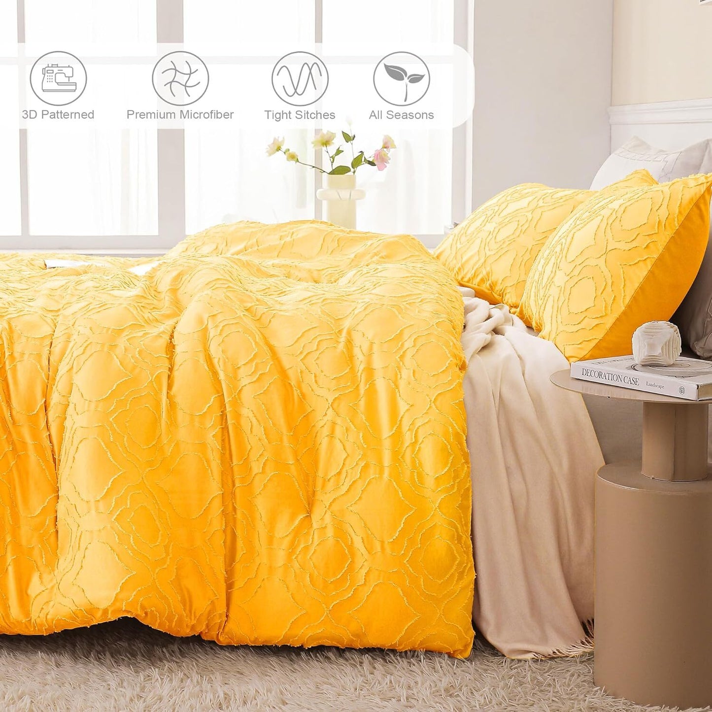 Whale Flotilla 2-Piece Tufted Twin Comforter Set, Soft Fluffy Shabby Chic Comforter for All Seasons, Farmhouse Boho Duvet Bedding Sets with 1 Pillow Sham, 68"x90", Yellow