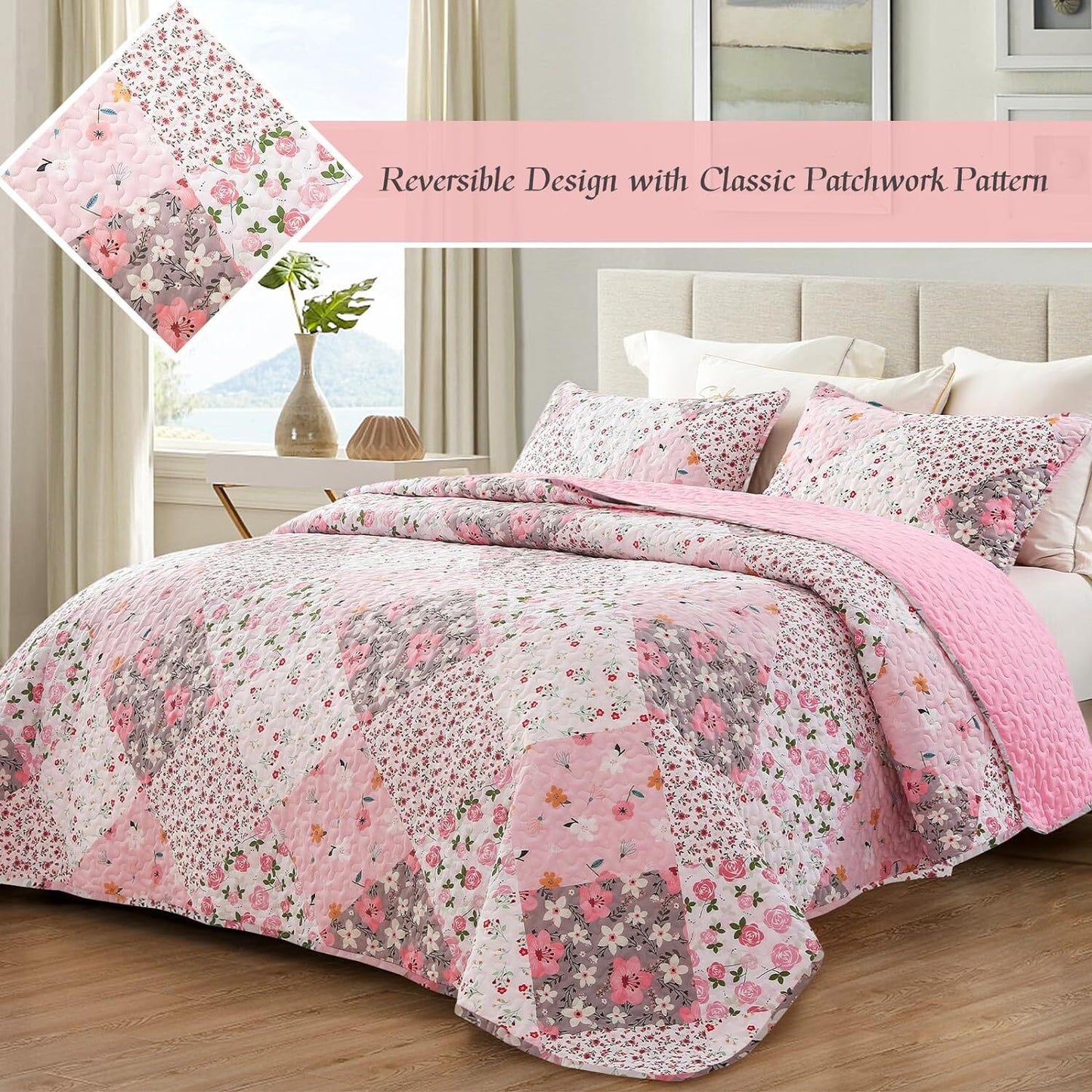 Whale Flotilla Reversible Patchwork Quilts Twin Size, Lightweight Boho Printed Bedspreads Coverlets Quilt Bedding Set with 1 Pillow Sham for All Seasons, Pink