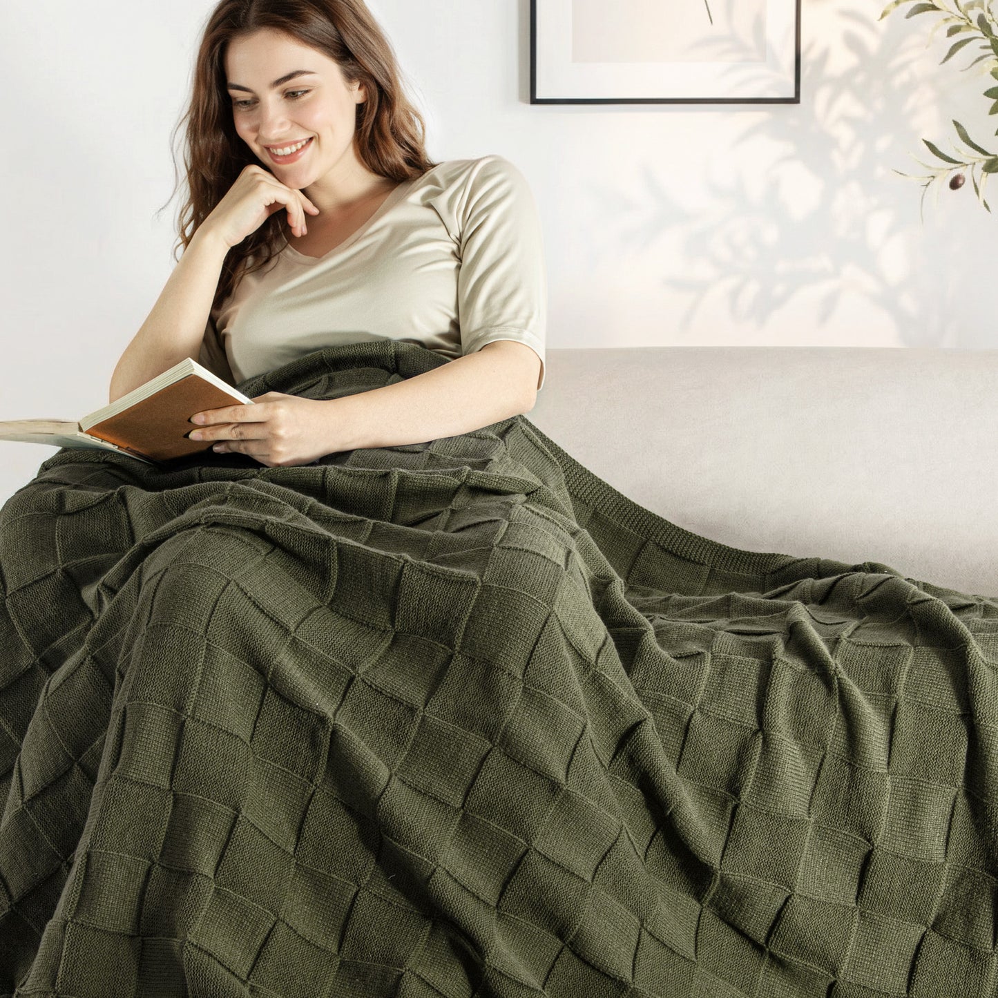 Whale Flotilla Knit Throw Blanket for Couch, Soft Fuzzy Decorative Knitted Blanket for Sofa Bed, Lightweight Cozy Warm Throws, 60x80 Inch, Olive