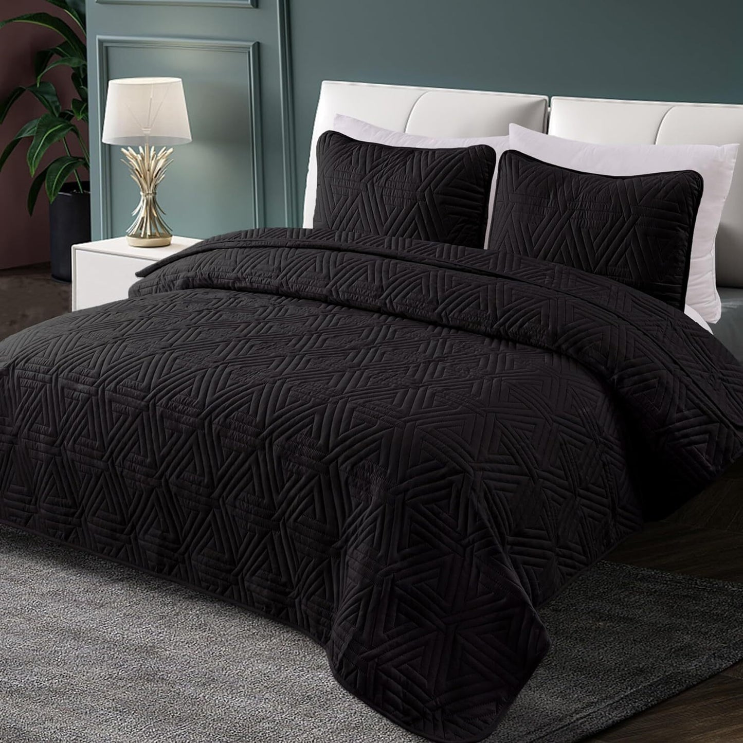 Whale Flotilla 2-Piece Twin Size Quilt Set/Bedspreads/Coverlets for All Season, Classic Geometric Pattern Bedding Set with Pillow Sham, Soft and Lightweight, Black