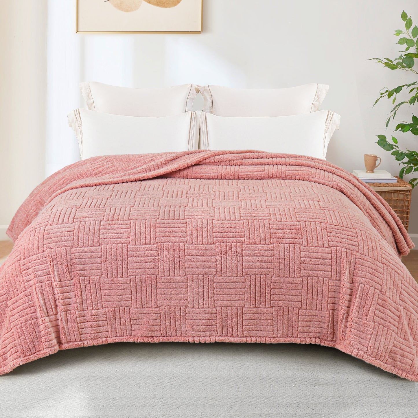 Whale Flotilla Fluffy Fleece King Size Blanket for Bed, Fuzzy Soft Cozy Exquisite Blankets with Decorative Jacquard Pattern for All Season, Warm but Lightweight, 90x104 Inch, Pink