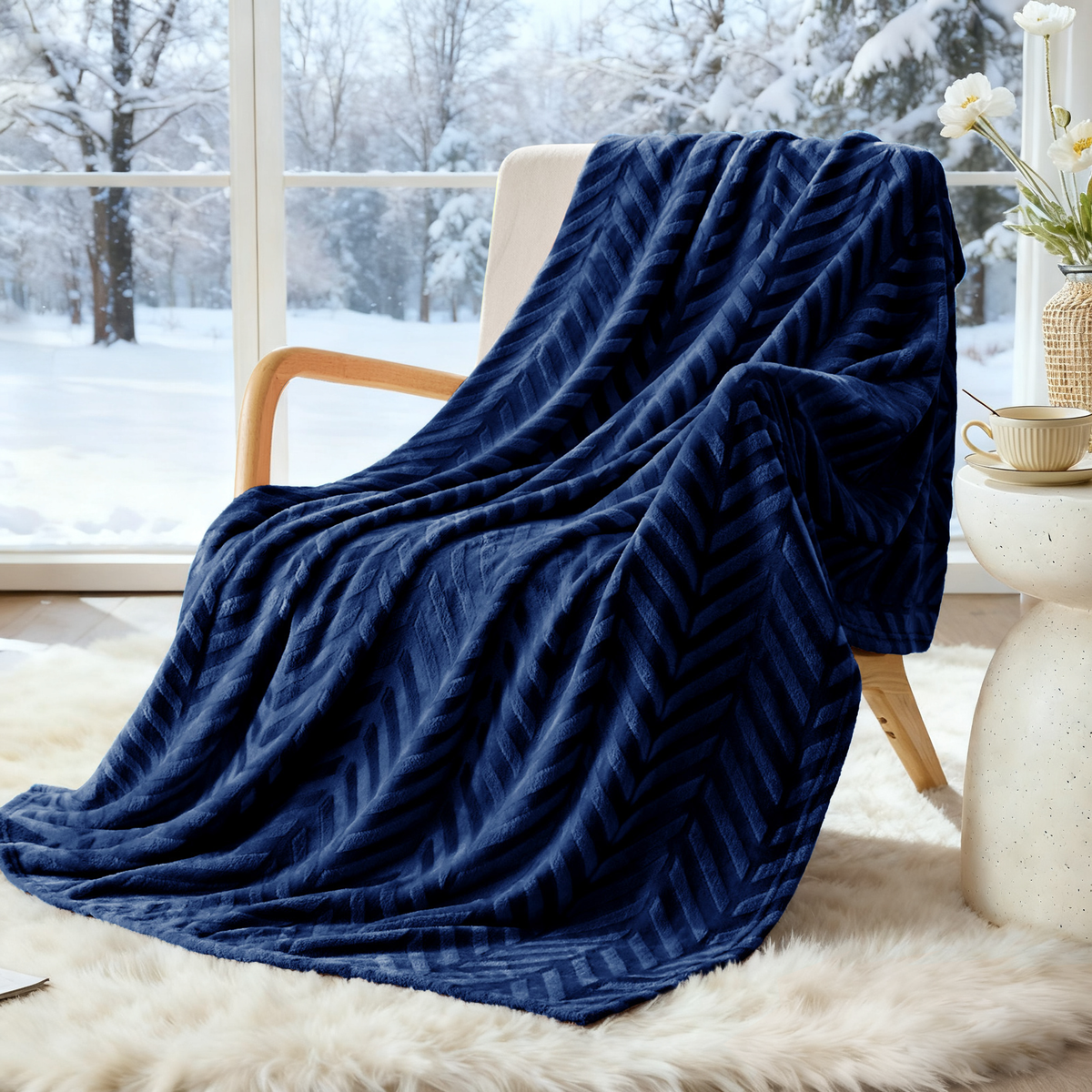 Whale Flotilla Soft Flannel Fleece Lightweight Throw Blanket(50"x60"), Brushed Chevron Design Fluffy Plush Cozy Blanket for All Seasons, Navy Blue