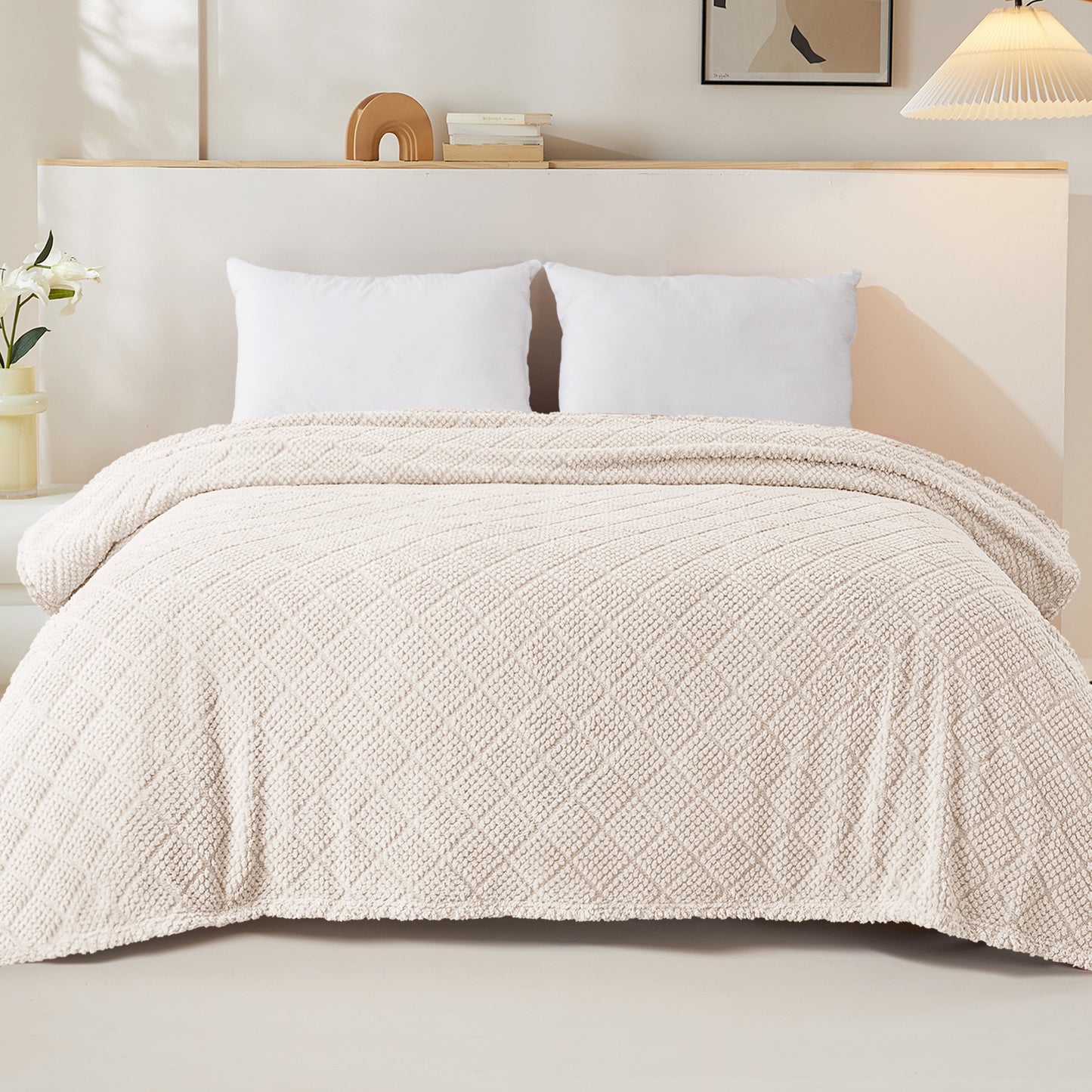 Whale Flotilla Fuzzy Fleece Twin Size Blanket for Bed, Soft Fluffy Jacquard Waffle Blankets for All Season, Lightweight and Warm, 60x80 Inch, Ivory