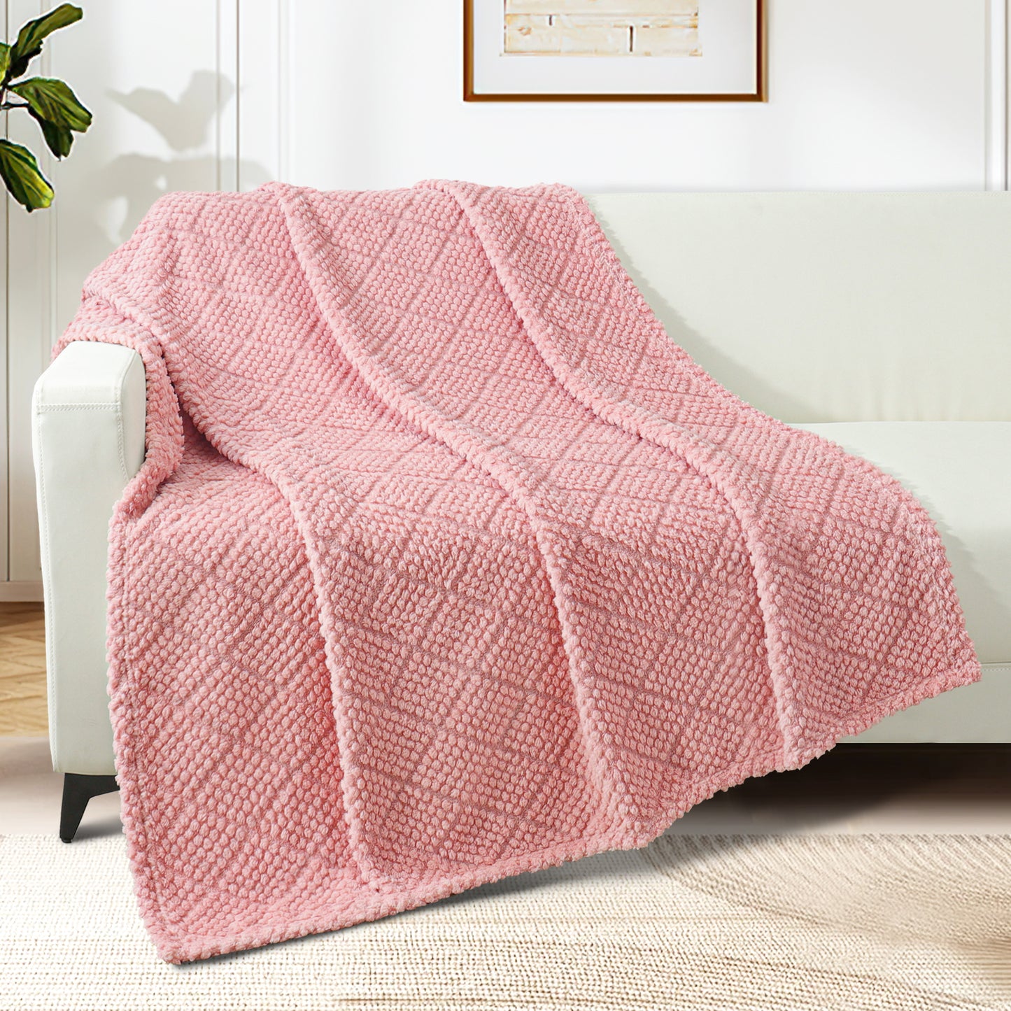 Whale Flotilla Fuzzy Fleece Throw Blanket for Couch, Bed, Soft Fluffy Jacquard Waffle Blankets for All Season, Lightweight and Warm, 50x60 Inch, Pink