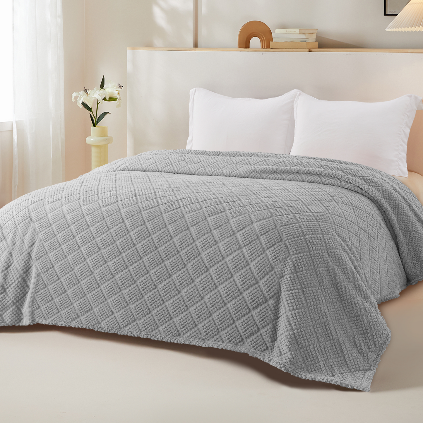 Whale Flotilla Fuzzy Fleece Twin Size Blanket for Bed, Soft Fluffy Jacquard Waffle Blankets for All Season, Lightweight and Warm, 60x80 Inch, Light Grey