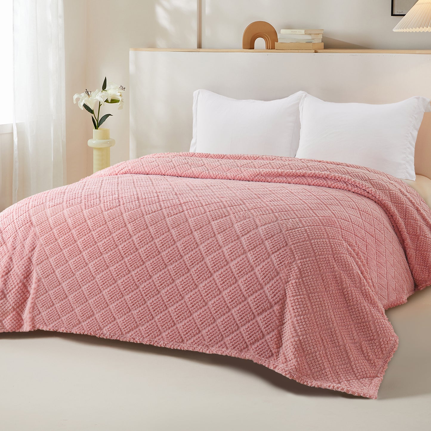 Whale Flotilla Fuzzy Fleece Twin Size Blanket for Bed, Soft Fluffy Jacquard Waffle Blankets for All Season, Lightweight and Warm, 60x80 Inch, Pink