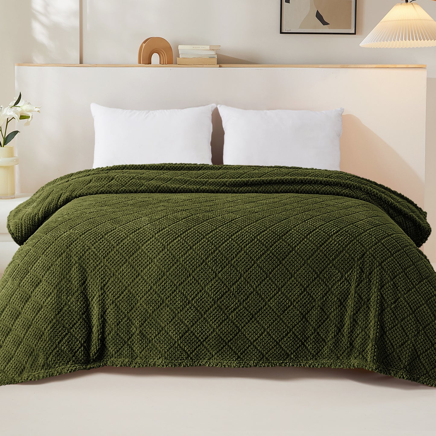 Whale Flotilla Fuzzy Fleece Twin Size Blanket for Bed, Soft Fluffy Jacquard Waffle Blankets for All Season, Lightweight and Warm, 60x80 Inch, Olive