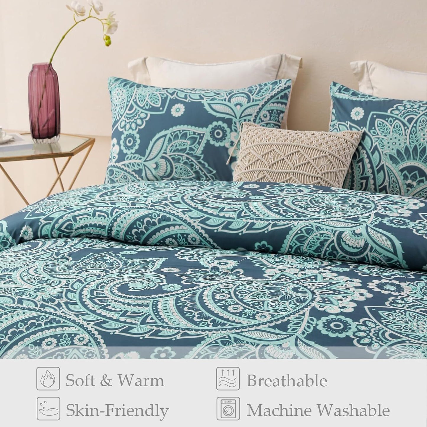 Whale Flotilla King Comforter Set, Soft Reversible Beige Bedding Comforter Set with Pailsey Pattern, 1 Micoriber Printed Comforter and 2 Pillow Shams, 3 Pieces