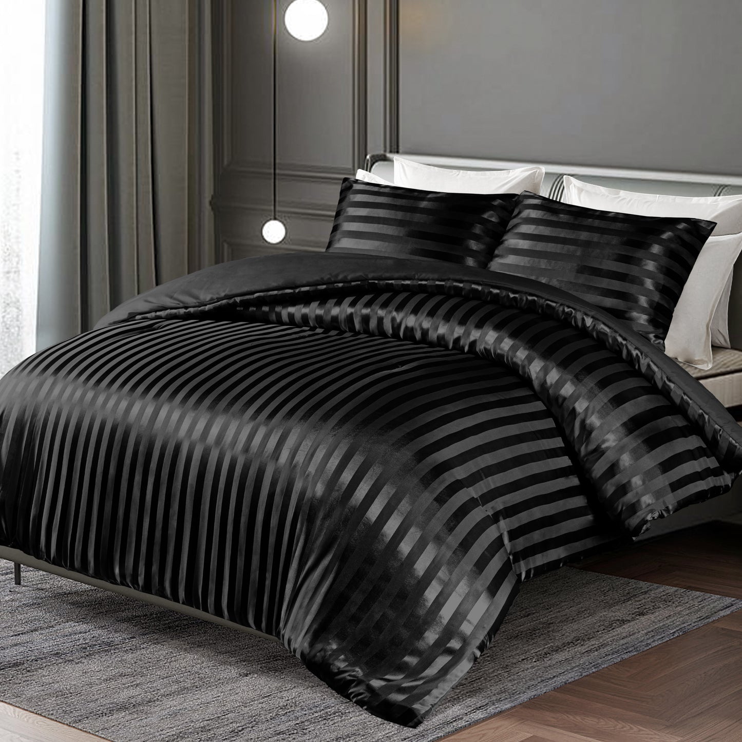 Whale Flotilla 3-Piece Reversible Silky Soft Queen Comforter Set, Luxury Stripe Satin Comforters Full Size Bedding Set with 2 Satin Pillowcases, Lightweight Duvet for All Seasons, Black