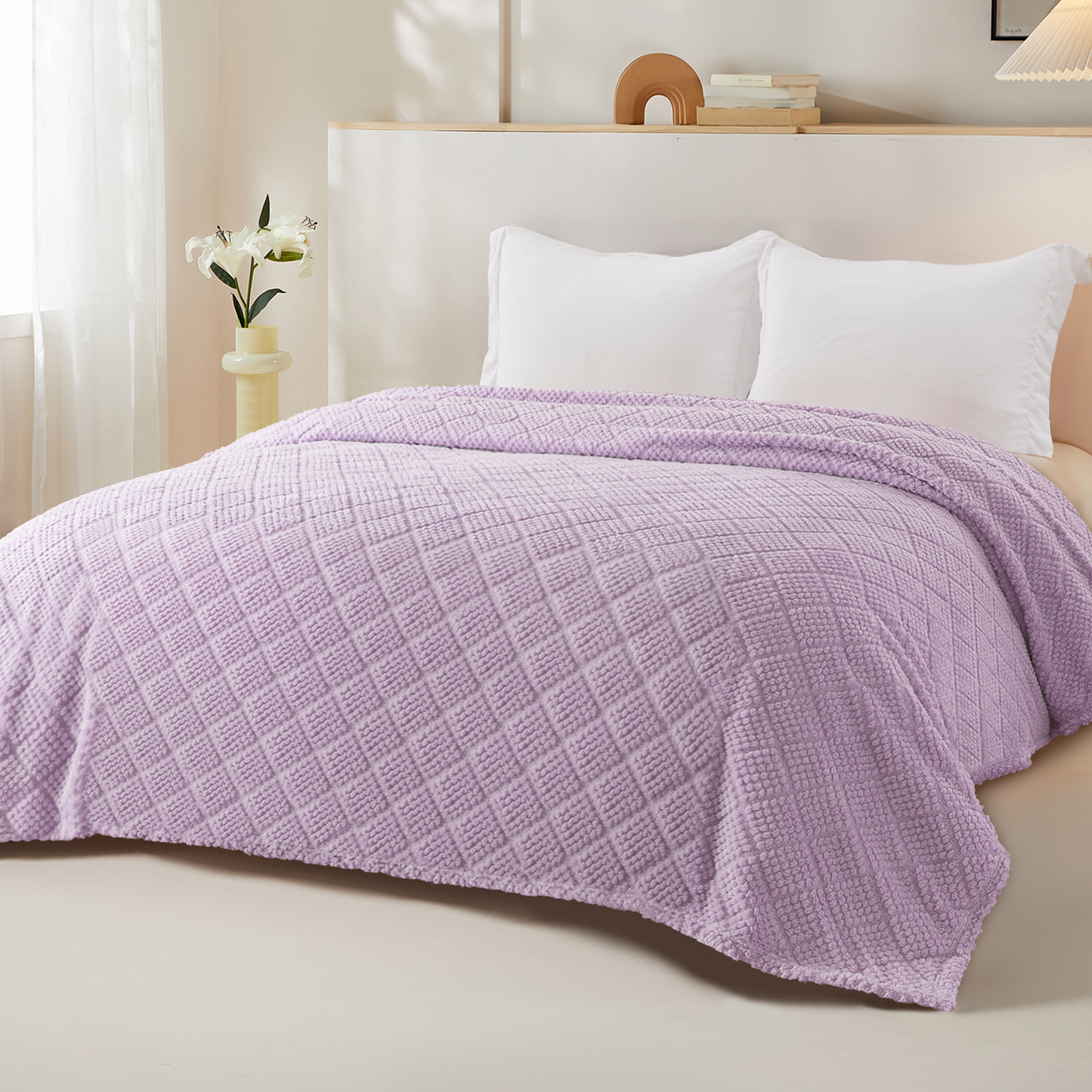 Whale Flotilla Fuzzy Fleece Twin Size Blanket for Bed, Soft Fluffy Jacquard Waffle Blankets for All Season, Lightweight and Warm, 60x80 Inch, Lilac