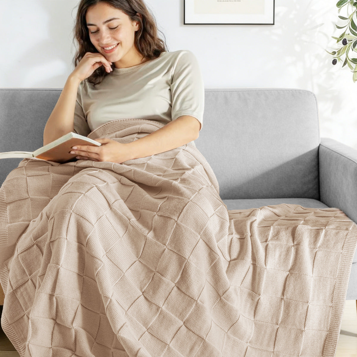 Whale Flotilla Knit Throw Blanket for Couch, Soft Fuzzy Decorative Knitted Blanket for Sofa Bed, Lightweight Cozy Warm Throws, 60x80 Inch, Camel