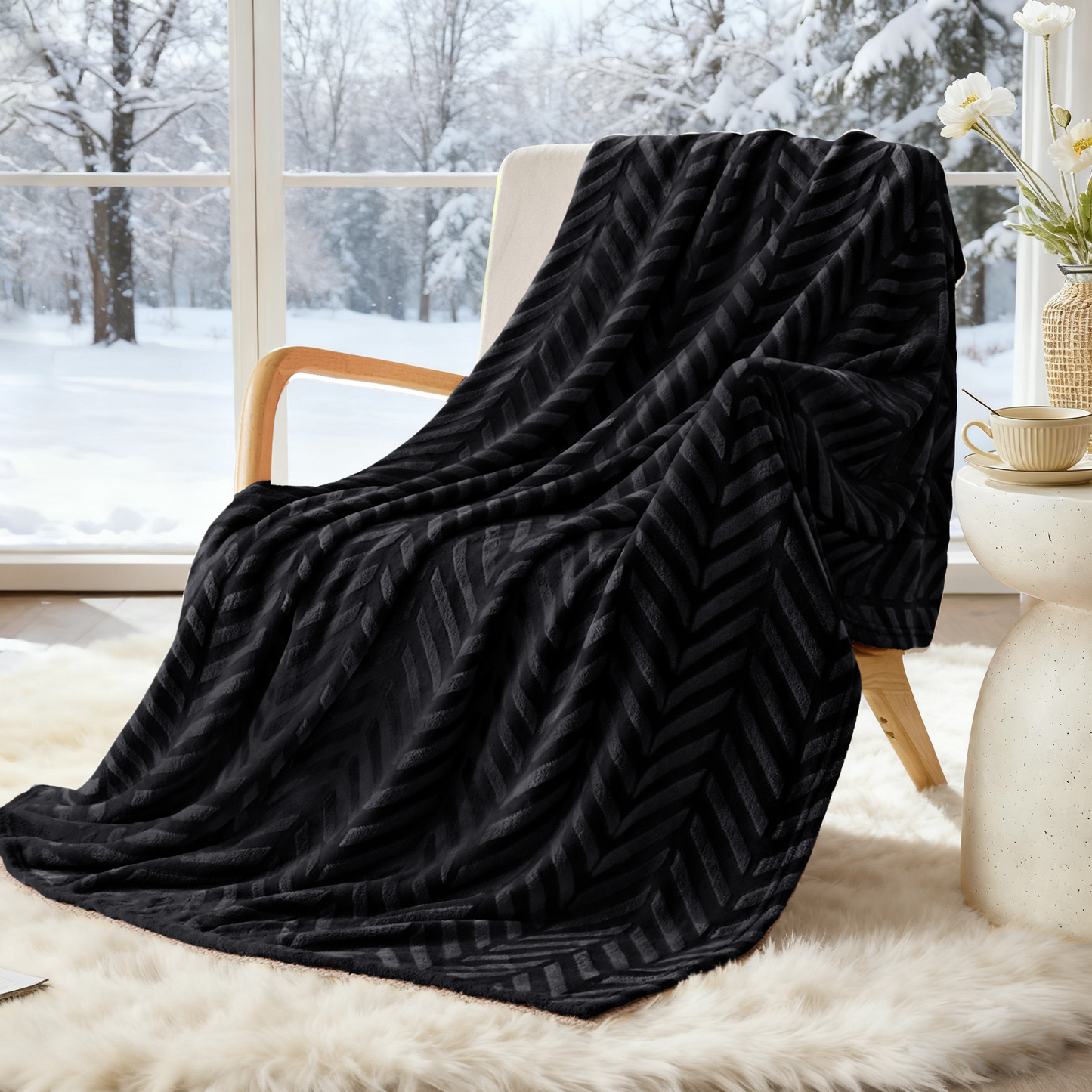 Whale Flotilla Soft Flannel Fleece Lightweight Throw Blanket(50"x60"), Brushed Chevron Design Fluffy Plush Cozy Blanket for All Seasons, Black
