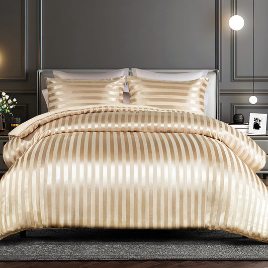Whale Flotilla 2-Piece Reversible Silky Soft Twin Size Comforter Set, Luxury Stripe Satin Comforter Bedding Set with Satin Pillowcase, Lightweight Duvet for All Seasons, Champagne